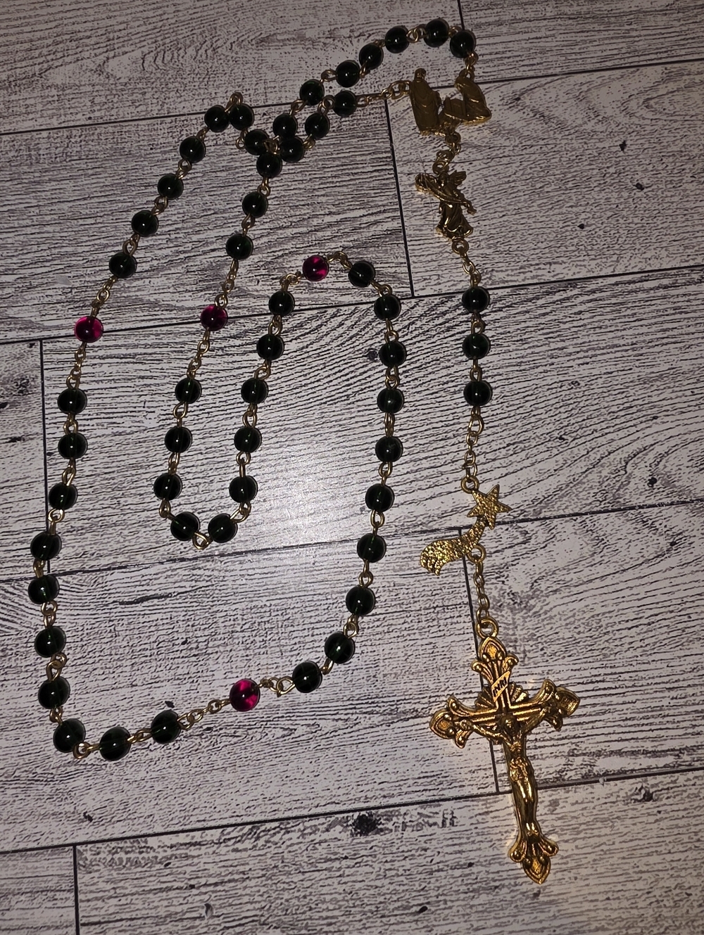 Gold Plated Crucifix Rosary Necklace with Green and Red Beads